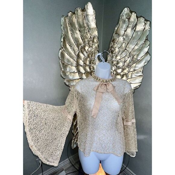 N by Nancy Women's Fishnet Sheer Lace  Champagne Collar Crystals, Size XL - Picture 1 of 16